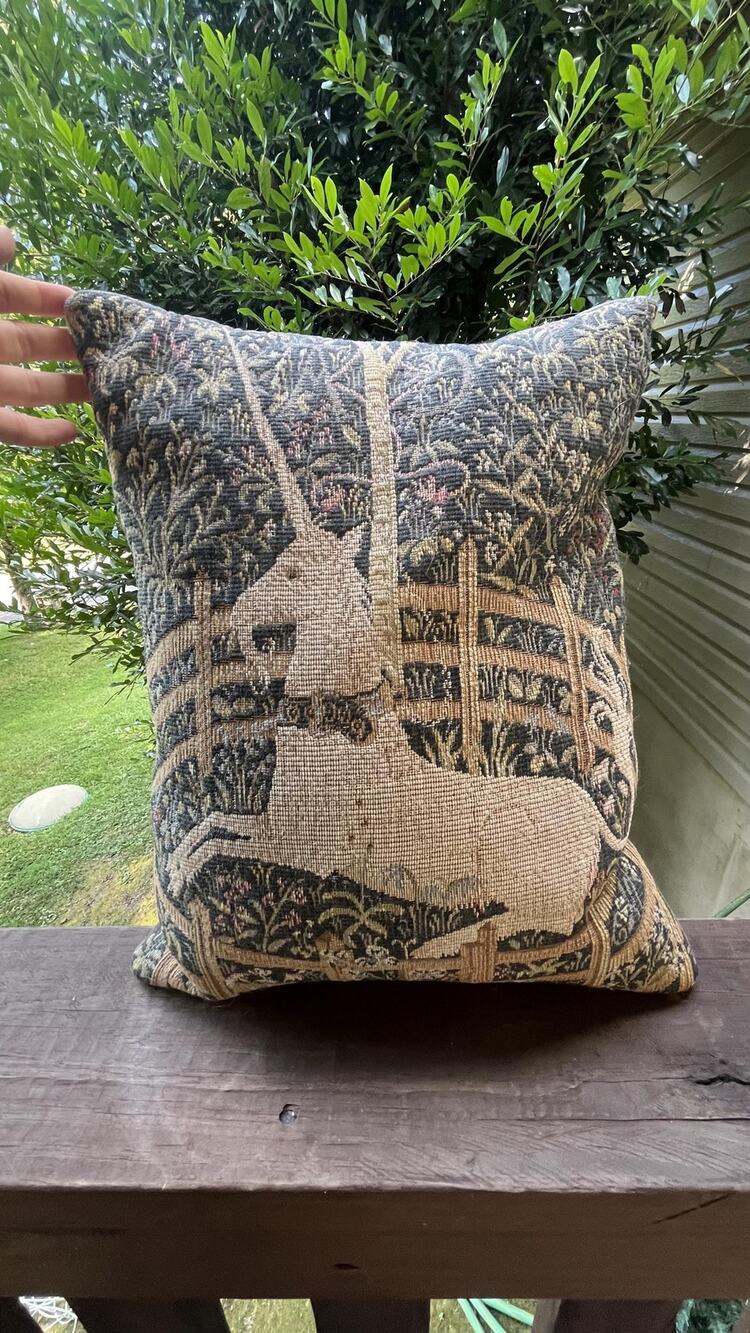 Vintage French Woven Tapestry Unicorn in Captivity Pillow, Made in France